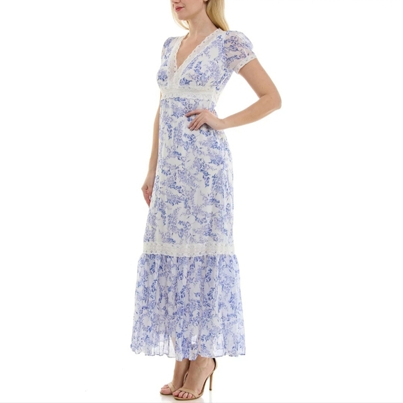 Taylor Blue and White Floral Maxi Tiered Prairie Dress women's Sz 10. New - Picture 9 of 10